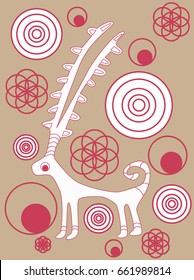 Petroglyph Animal deer with long branching horns with a red outline in the background of an eternal flower and patterns of armouring from the circles