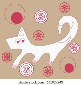 Petroglyph animal dog with a red outline that runs in the background of an eternal flower and patterns of armouring from the circles