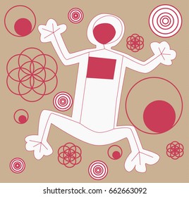 Petroglyph dancing man with a red outline in the background of a perpetual flower and patterns of armouring from the circles