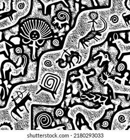 Petroglyphs, cave drawings, vector design, seamless pattern