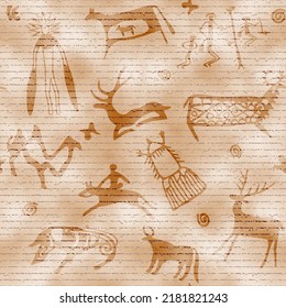 Petroglyphs, cave drawings, vector design, seamless pattern