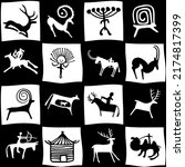 Petroglyphs of Central Asia, cave drawings, vector design, seamless pattern 