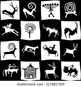 Petroglyphs of Central Asia, cave drawings, vector design, seamless pattern 