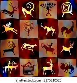 Petroglyphs of Central Asia, cave drawings, vector design, seamless pattern