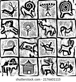 Petroglyphs of Central Asia, cave drawings, vector design, seamless pattern