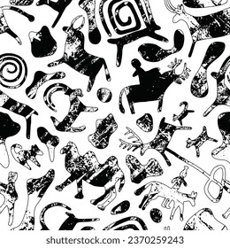 Petroglyphs in grunge texture, cave drawings, vector design, seamless pattern