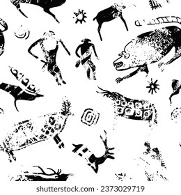 Petroglyphs in grunge texture, cave drawings, vector design, seamless pattern