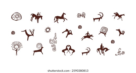 Petroglyphs. Pack of Cave Paintings. Collection of Central Asian Petroglyphs. Saimaluu tash illustrations