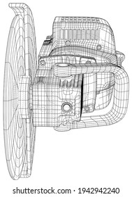 Petrol angle grinder machine. Professional angle grinder instrument, working tool. Technical illustration wire-frame. Vector rendering of 3d.