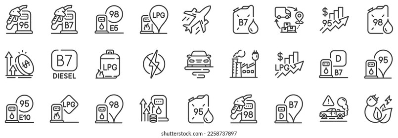 Petrol canister, B7 diesel fuel and gas cylinder set. Filling station line icons. Lpg, fuel filling station and 95 petrol canister line icons. Liquefied gas, rising prices and oil energy. Vector