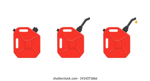 Petrol canisters with closing cap, spout and pouring gasoline drop. Set of gas cans, fuel containers isolated on white background. Vector cartoon illustration