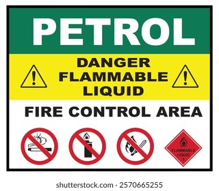 Petrol Danger Flammable liquid safety sign. Fire control area with label. No Smoking, No Lighters, No Open Flames.