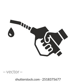 estação de gasolina ou diesel, ícone, mão segurando a bomba de combustível, bocal de gasolina, enchimento do carro, ilustração vetor plana