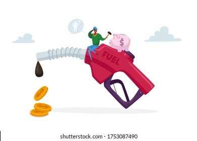 Petrol Economy, Car Refueling on Fuel Station. Tiny Character with Piggy bank Sitting on Huge Pumping Gasoline Hose with Dripping Oil and Coins, Filling Automobile Service. Cartoon Vector Illustration