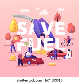 Petrol Economy Concept. Characters Refueling Car on Station, Pumping Gasoline Oil. Filling Gas or Biodiesel, Automotive Industry. People Save Fuel Poster Banner Flyer. Cartoon Vector Illustration