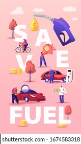 Petrol Economy Concept. Characters Refueling Car on Station, Pumping Gasoline Oil. Filling Gas or Biodiesel, Automotive Industry. People Save Fuel Poster Banner Flyer. Cartoon Vector Illustration