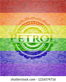 Petrol emblem on mosaic background with the colors of the LGBT flag