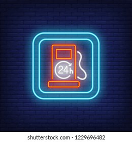 Petrol filling station neon sign. Twenty four hour petrol pump in blue square. Night bright advertisement. Vector illustration in neon style for service, transportation and business