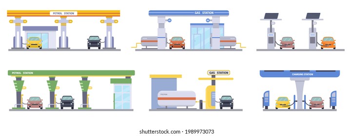 Petrol Gas Carging station set. Energy. Set of elements for construction of urban and village landscapes. Vector flat illustration