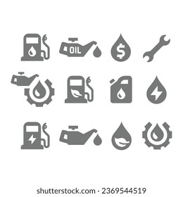 Juego de iconos de vectores de gasolina, gas y aceite de motor. Gasolina, íconos de la estación de combustible.