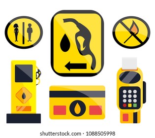 Petrol gas service station set. Flat vector illustrations icon. Isolated on white. Attributes of gas station: restroom, petrol pump, car repairs, fast food, POS terminal, credit card, bonus card.