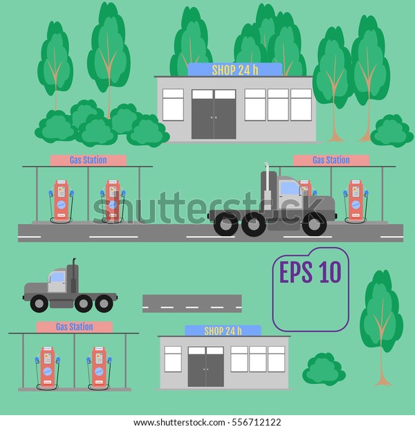 Petrol\
gas station concept in flat design style. Fuel, pump, car, station,\
shop and elements of forest. Vector\
illustration
