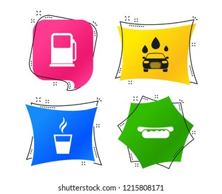 Petrol or Gas station services icons. Automated car wash signs. Hotdog sandwich and hot coffee cup symbols. Geometric colorful tags. Banners with flat icons. Trendy design. Vector
