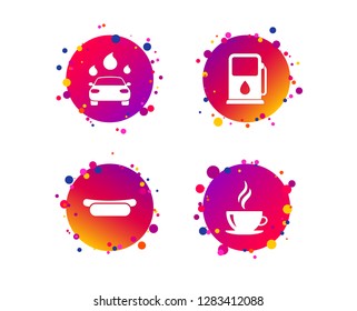 Petrol or Gas station services icons. Automated car wash signs. Hotdog sandwich and hot coffee cup symbols. Gradient circle buttons with icons. Random dots design. Vector