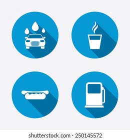 Petrol or Gas station services icons. Automated car wash signs. Hotdog sandwich and hot coffee cup symbols. Circle concept web buttons. Vector