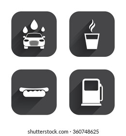 Petrol or Gas station services icons. Automated car wash signs. Hotdog sandwich and hot coffee cup symbols. Square flat buttons with long shadow.
