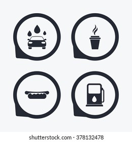 Petrol or Gas station services icons. Automated car wash signs. Hotdog sandwich and hot coffee cup symbols. Flat icon pointers.