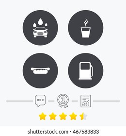 Petrol or Gas station services icons. Automated car wash signs. Hotdog sandwich and hot coffee cup symbols. Chat, award medal and report linear icons. Star vote ranking. Vector