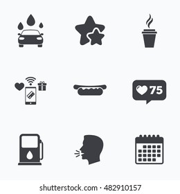 Petrol or Gas station services icons. Automated car wash signs. Hotdog sandwich and hot coffee cup symbols. Flat talking head, calendar icons. Stars, like counter icons. Vector