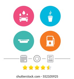 Petrol or Gas station services icons. Automated car wash signs. Hotdog sandwich and hot coffee cup symbols. Calendar, cogwheel and report linear icons. Star vote ranking. Vector