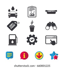 Petrol or Gas station services icons. Automated car wash signs. Hotdog sandwich and hot coffee cup symbols. Browser window, Report and Service signs. Binoculars, Information and Download icons