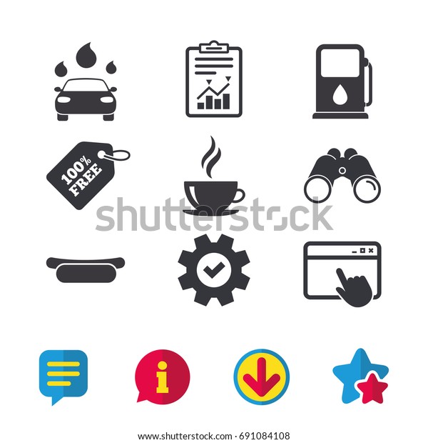 Petrol or Gas station services icons. Automated car\
wash signs. Hotdog sandwich and hot coffee cup symbols. Browser\
window, Report and Service signs. Binoculars, Information and\
Download icons