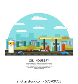 Petrol gas station template near road with colorful cars and city buildings vector illustration