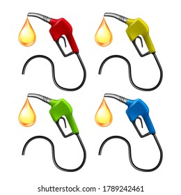 Petrol Hose Pump With Fuel Liquid Drop Set Vector. Collection Of Different Color Petroleum Hose For Refueling Automobile Tank. Gas Station Equipment Template Realistic 3d Illustrations