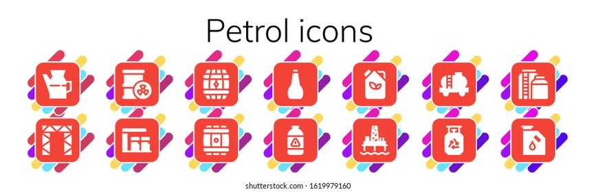 petrol icon set. 14 filled petrol icons.  Simple modern icons such as: Oil, Rigging, Barrel, Gas station, Gas, Fuel, Oil pump, Tank
