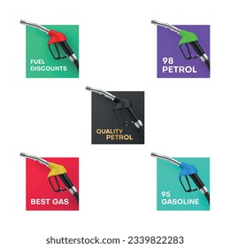 Petrol icon set best gas quality gasoline fuel discount realistic vector illustration. Industrial petroleum station pump nozzle automobile energy refuel fossil diesel filling oil gallon transportation