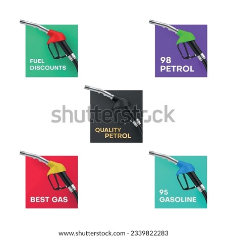 Petrol icon set best gas quality gasoline fuel discount realistic vector illustration. Industrial petroleum station pump nozzle automobile energy refuel fossil diesel filling oil gallon transportation