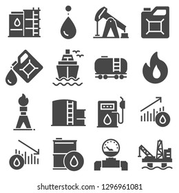 Petrol icons set. Oil pump and petrol icons with oil drop, tanker ship
