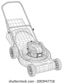 Petrol Lawn mower machine. Garden instrument. Technical illustration wire-frame. Vector rendering of 3d