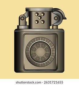Isqueiro de gasolina em uma caixa de aço clássico com um ornamento circular gravado. Ilustração vetorial