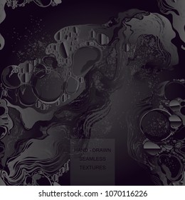 Petrol, naphtha, mineral oil, rock-oil, pet. black bubbles seamless abstract background. Abstract poster circle, splash. Hand-drawn vector pattern.