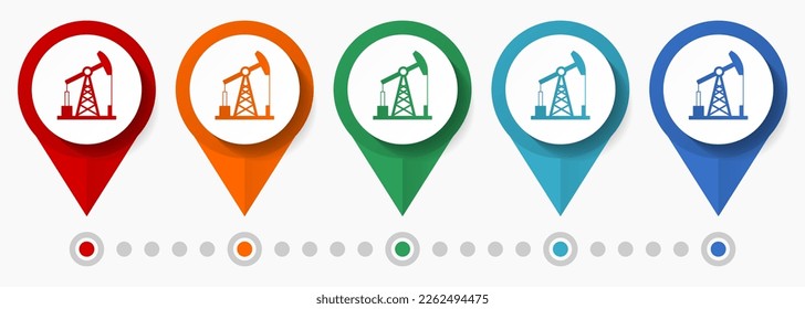 Gasolina, conjunto de iconos de vectores de concepto de aceite, punteros de yacimientos de petróleo de diseño plano, plantilla infográfica