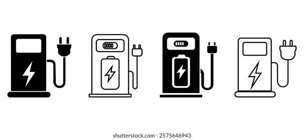 Petrol, oil pump icon, Electric charging station sign, symbol. Gas pump station icon, vector set. Green Energy charging station for car,  automobile, web design, logo, app. Vector illustration.