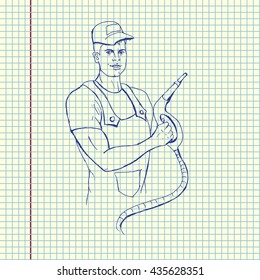 Petrol operator ball pen drawing illustration. Hand drawn vector stock illustration. 