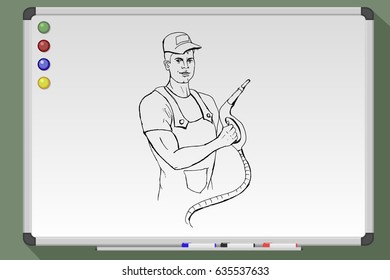 Petrol operator. Hand drawn vector stock illustration. Black and white whiteboard drawing