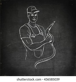 Petrol operator illustration. Hand drawn vector stock illustration. Chalk board drawing